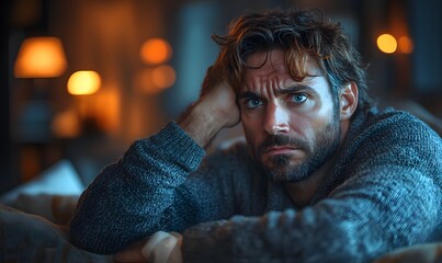 Fototapeta premium Individual in distress reflecting on sad memories while sitting on a sofa, facing challenges related to mental health and emotional pain from past trauma or stress