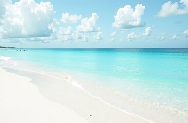 Obraz premium Turquoise waters lap gently against a pristine white sand beach under a bright blue sky filled with fluffy white clouds, evoking tranquility. Generative AI