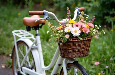 A white bicycle stands beside a vibrant garden, featuring a basket brimming with various blooming flowers under clear skies. Generative AI