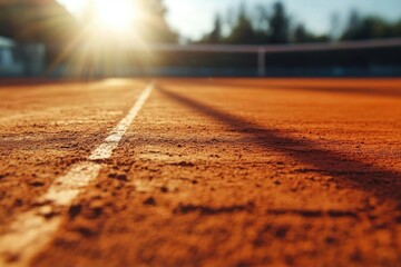 Close-up of a tennis court at sunset with a blurred background.
