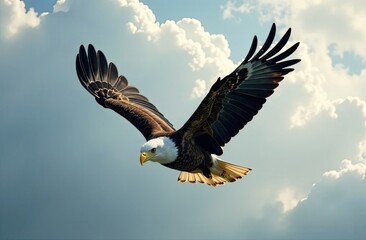 Obraz premium A powerful eagle glides gracefully through a blue sky filled with fluffy clouds, showcasing its impressive wingspan. Generative AI