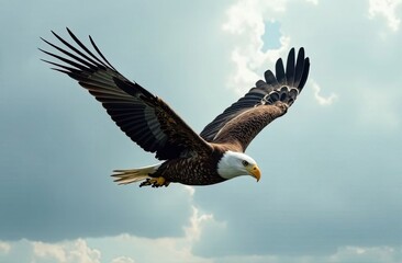 Obraz premium An eagle with impressive wingspan flies effortlessly through the skies, showcasing its power and grace against a cloudy backdrop. Generative AI