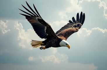 Obraz premium A bald eagle glides effortlessly in the sky, wings fully extended, against a backdrop of dramatic clouds, searching for its next meal. Generative AI