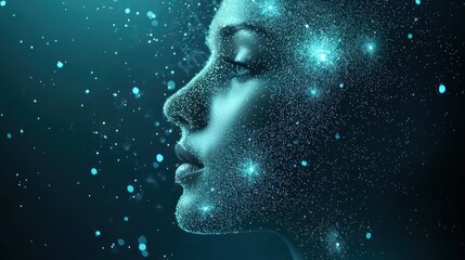 Obraz premium A serene profile of a woman surrounded by glowing particles, creating a mystical and ethereal atmosphere.