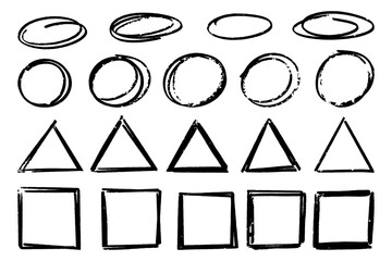 Hand drawn frames. Handdrawn square triangle oval frame set. Vector borders grunge template set.