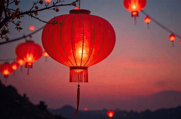 Obraz premium Colorful red lanterns hang against a twilight backdrop, casting a warm glow as festivities unfold in the enchanting atmosphere of the evening. Generative AI
