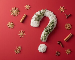 Festive Holiday Curiosity Spice and Herb Question Mark on Red with Golden Snowflakes