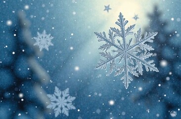 Delicate snowflakes drift softly through a tranquil winter scene, illuminated by gentle blue light and surrounded by muted tree silhouettes. Generative AI