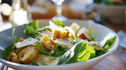 A fresh salad with greens, croutons, and cheese in a bowl.