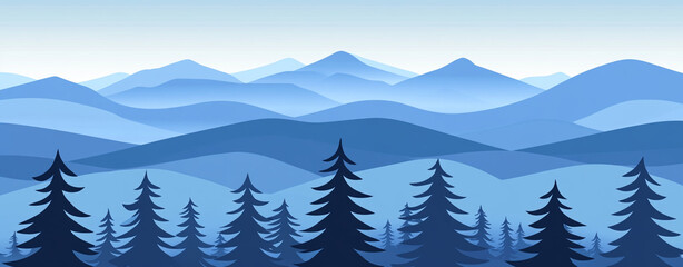 Fototapeta premium serene abstract landscape featuring misty mountains and layered hills in shades of blue, complemented by silhouettes of evergreen trees. tranquil scene evokes sense of calm and peace