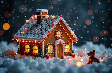 Fototapeta premium A charming gingerbread house is adorned with bright lights, surrounded by snow. A small bear can be seen nearby, creating a cozy holiday atmosphere. Generative AI