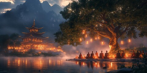Obraz premium Serene Bodhi Day Monks Meditating Under Lanterns in a Buddhist Temple Setting
