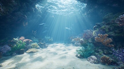 Obraz premium Submerged Serenity: Captivating AI Video Game Underwater World with Majestic Sea Creatures, Vibrant Coral Reefs, and Illuminated Depths