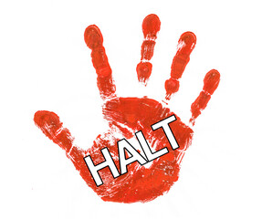 Roter Handabdruck vor weissem Hintergrund