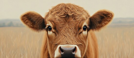 Close-up Portrait of a  Brown Cow in a Field