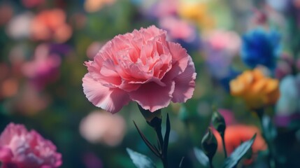 Obraz premium Soft Pink Flower Surrounded by Colorful Blossoms in Spring Garden