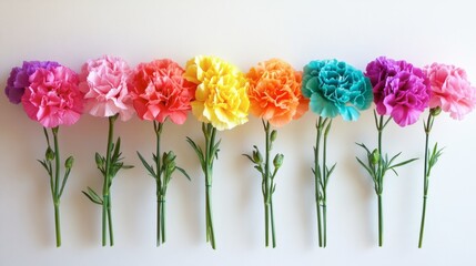 Obraz premium Colorful Carnations Arranged in a Row on a White Background