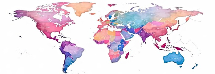 Obraz premium A detailed world map is displayed, featuring various regions in bright colors, highlighting countries and continents with clear boundaries. Generative AI