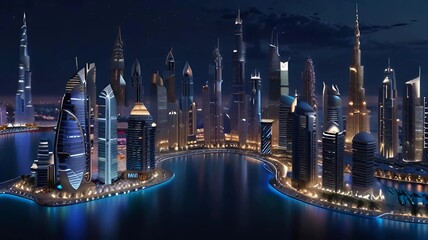 Fototapeta premium Dubai Nightfall: A Magnificent 3D Model of a Glistening City AI-Generated