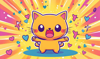 Cute Cartoon Cat Illustration with Hearts