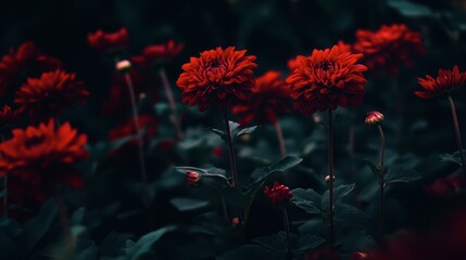 Vibrant Red Flowers Blooming Against Dark Green Background