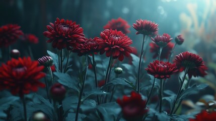 Lush Red Flowers in a Misty Garden Setting at Dawn
