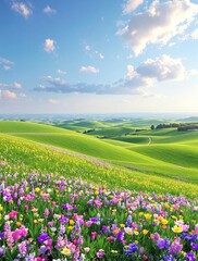 Fototapeta premium Rolling hills covered in emerald green grass and wildflowers, green pastures, scenic vistas, natural beauty, rural landscapes