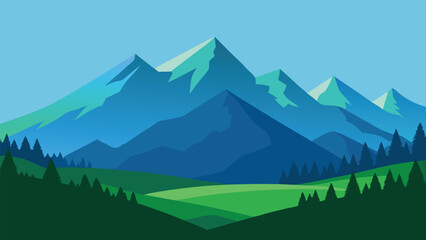 Scenic view of mountains surrounded by clouds, with lush green grass in the foreground flat vector illustration.