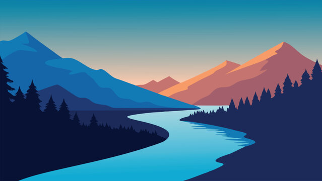 Snowy landscape with trees silhouetted against a vibrant sunset flat vector illustration natural background.