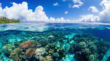 Obraz premium Vibrant Underwater Coral Reef Beneath Clear Blue Ocean Surface