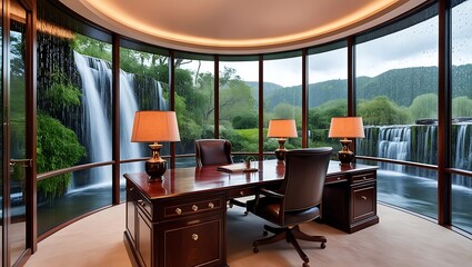 Fototapeta premium This vivid 8K image showcases a luxurious office space that effortlessly combines sophistication with nature. The elegant design features a panoramic view of a serene waterfall