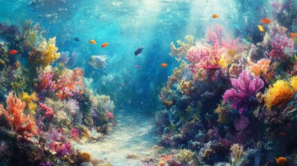 Obraz premium Vibrant Underwater Coral Reef with Colorful Marine Life Scene