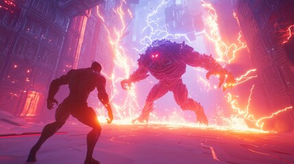 Fototapeta premium Confrontation with the Boss: Intense AI Video Game Moment with Dramatic Lighting and Dynamic Effects