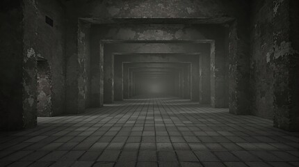 sparse atmosphere with tile floors and brick walls , dark, muted