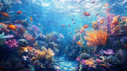 Fototapeta premium Colorful Underwater Scene with Coral Reef and Vibrant Fish Life
