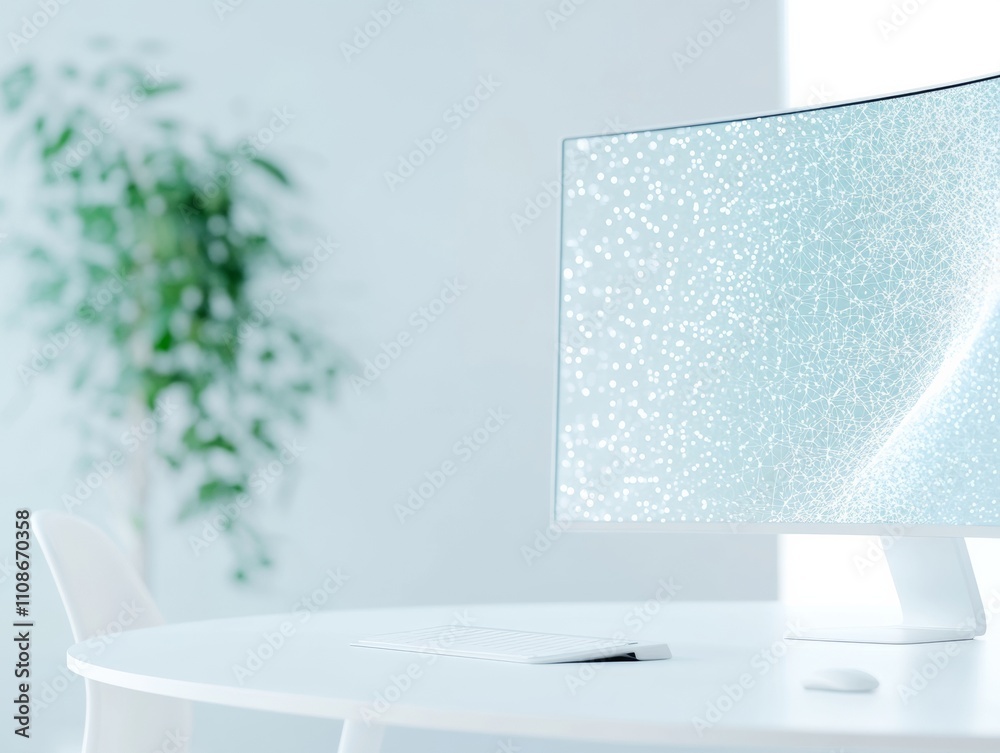 Poster Minimalist Futuristic Workspace with Curved Monitor and Modern Design Elements