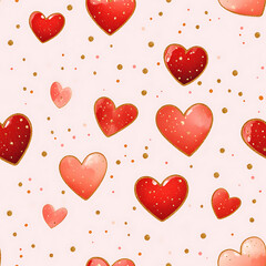 Colorful red and pink hearts scattered on a soft pink background for festive decoration