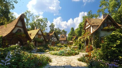 Fototapeta premium Tranquil Virtual Village: Ultra-Detailed AI Video Game Landscape