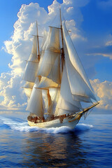 Majestic sailing ship with full sails on a sunny ocean.