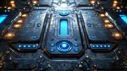 A blue and yellow metal surface with a blue button in the middle. Generative AI