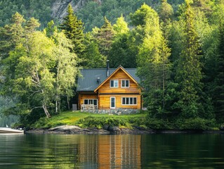 Obraz premium A beautiful wooden house building by the river.