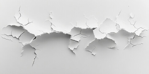 Torn white paper banner with cracks isolated on light background, creating textured and dynamic visual effect. This image evokes sense of fragility and imperfection