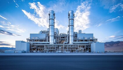 Obraz premium Impressive Modern Power Plant Complex Under a Vivid Blue Sky in Desolate Landscape