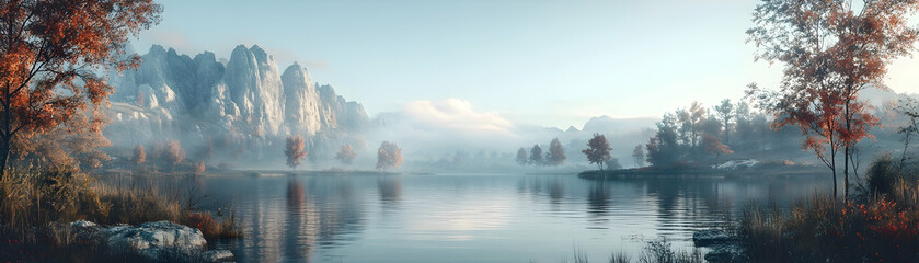 Fototapeta premium Misty autumn lake, mountains.