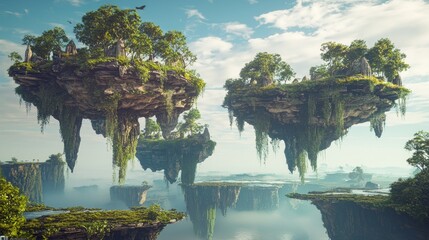 Fototapeta premium Mystical AI Video Game Landscape - A Fantasy World of Floating Islands and Enchanted Creatures Beckons Exploration with Ultra-detailed Design Elements