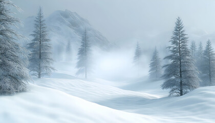 Obraz premium Misty winter mountain landscape with snow-covered trees.