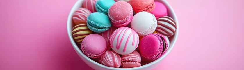 Fototapeta premium A colorful bowl of macarons in various pastel shades, arranged beautifully against a pink background.