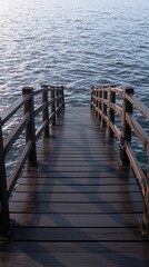 Fototapeta premium Wooden bridge as background with dark wood railings and water scenery, outdoor setting, natural scenery