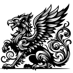 Fototapeta premium Ornate black griffin illustration with intricate details.