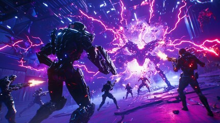 Obraz premium Virtual Showdown: Intense AI Multiplayer Battle in a Dynamic Video Game Scene with Diverse Characters and Dramatic Lighting